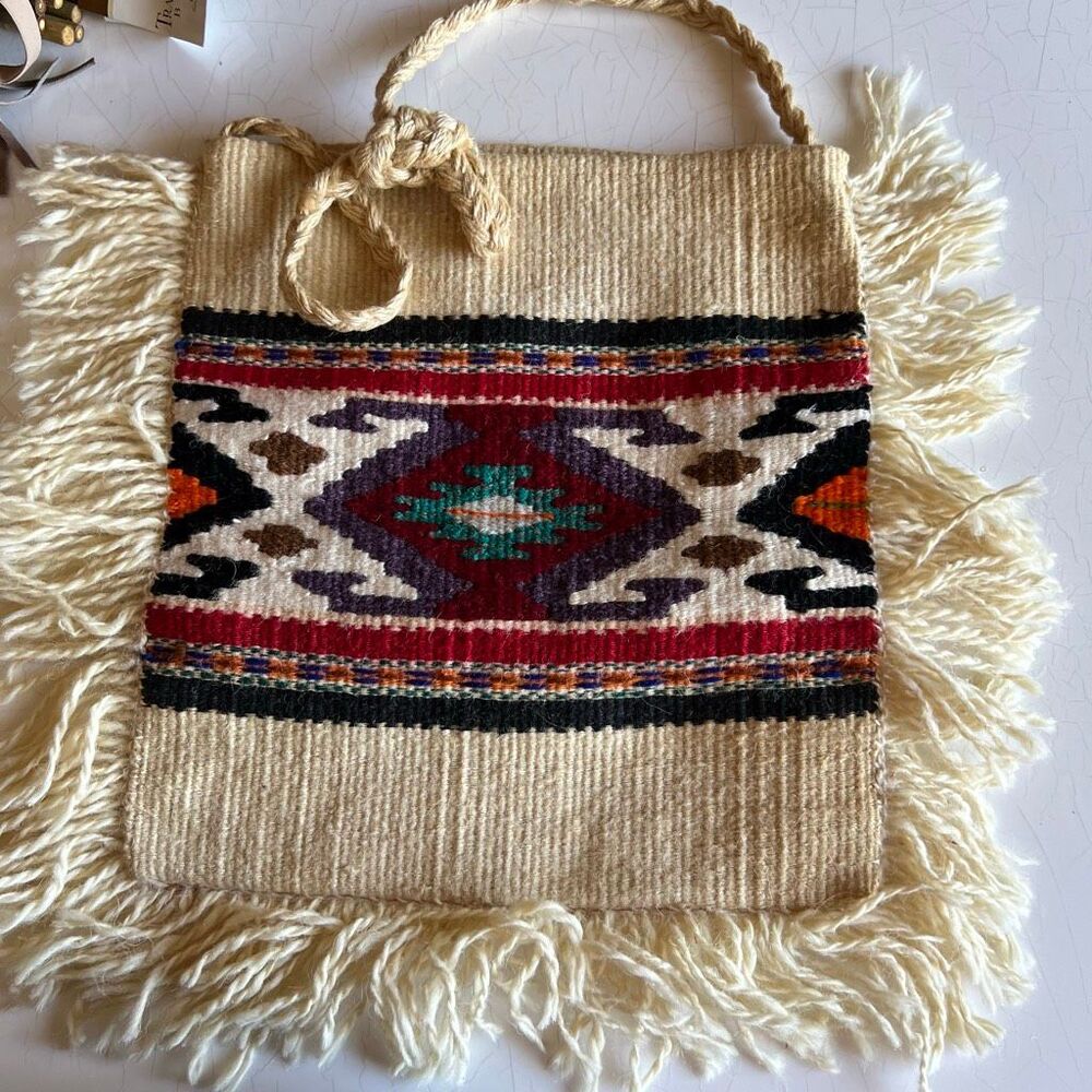 vintage hand-woven wool bag southwestern tribal geometric pattern and fringe tri